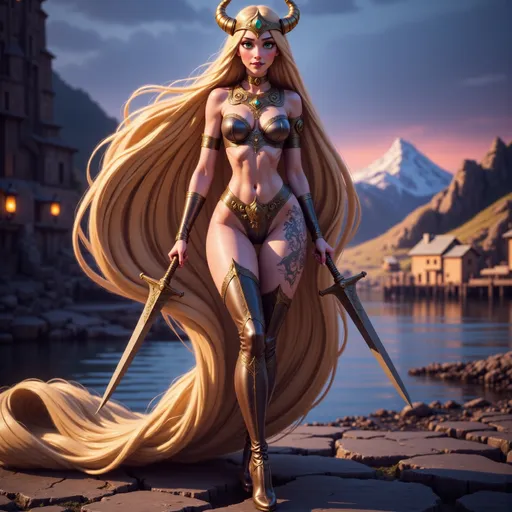 Prompt: Viking Queen cosplay with high heels and elaborate crown, full-body pose of a slender muscular woman, adorned in regal jewelry, intricate Viking tattoos elegantly decorating her body. Her long golden hair draped down over her shoulders and blowing in the wind.  She is wielding an elaborate dagger in each hand.  The strong female figure exudes confidence and power, set against a fjord backdrop during twilight. The tattoos shimmer subtlety, incorporating details like knots and spirals, highlighting a fierce yet elegant aura. High definition, ultra-detailed presentation with striking contrasts.