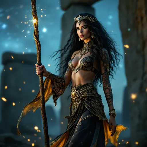 Prompt: full-body image, slender athletic female druid, wearing intricately detailed black and gold robes billowing in the wind, holding a tall wizard's wooden staff, a light glow emanating from the staff, extremely long curly black hair flowing down to the ground, elegant crown on her head, brilliant green eyes, her body adorned in magnificent runic tattoos, poised stance exuding strength, dynamic pose standing in the center of Stonehenge at night under the Milky Way galaxy, she is preparing to cast a spell, dramatic shadows, mystical background, ethereal ambiance, cool color tones, high definition, ultra-detailed, captivating and heroic atmosphere.