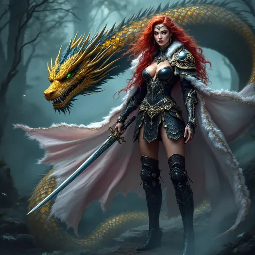 Prompt: full-body image, slender athletic female warrior, wearing intricately detailed dark pink and black metallic chainmail armor with boots, majestic white and gold fur lined cloak billowing in the wind, holding a samurai sword, extremely long curly red hair flowing down to the ground, elegant crown on her head, brilliant green eyes, her body adorned in magnificent tattoos, poised stance exuding strength, dynamic pose standing next to a yellow and black dragon with its shimmering scales and giant wings unfurled, detailed armor textures reflecting light, dramatic shadows, mystical forest background, ethereal ambiance, cool color tones, high definition, ultra-detailed, captivating and heroic atmosphere.