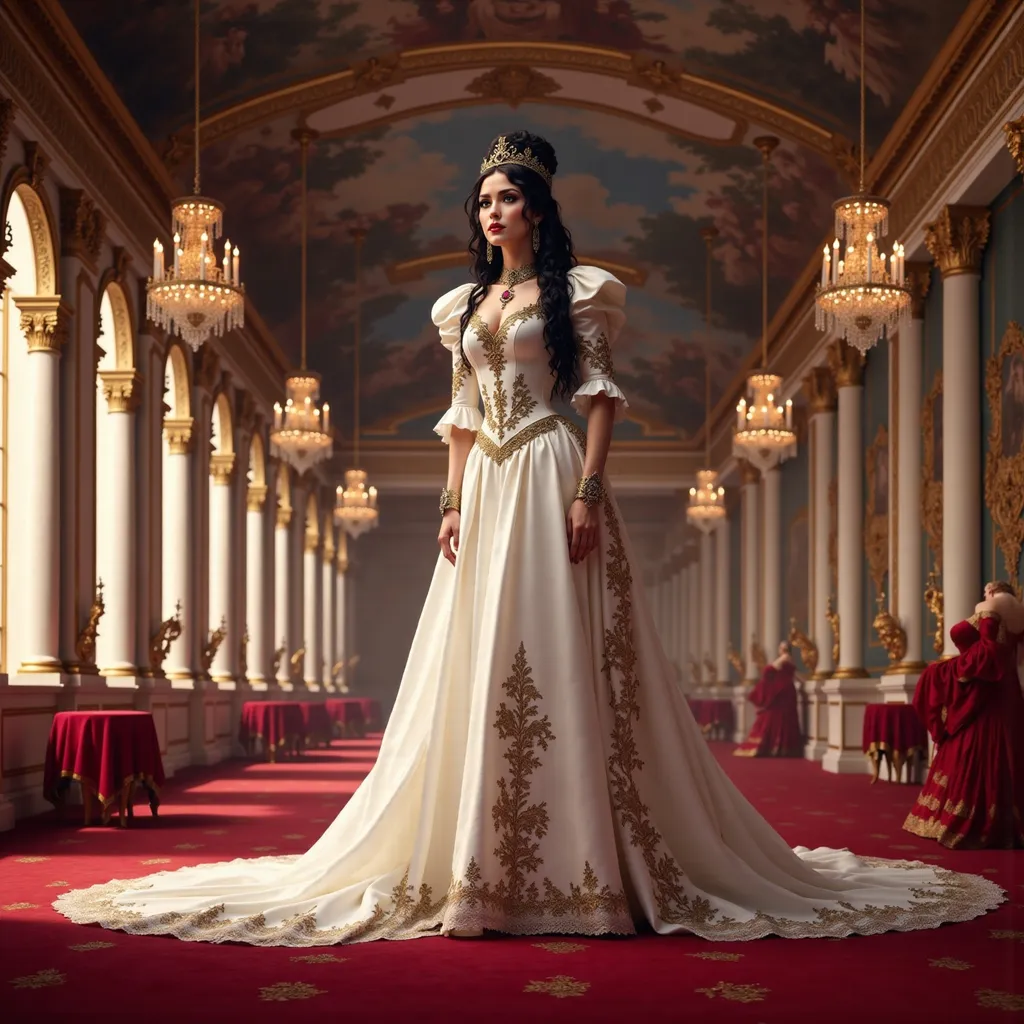 Prompt: @0AbzNDsCV8ABqDjjvD4X A full-body illustration of a regal woman embodying a queen from 17th century France, standing confidently in the opulent Palace of Versailles. She wears an elaborate white and gold gown adorned with intricate lace and rich fabrics, featuring a flowing train that cascades elegantly behind her.  She wears an elaborate golden crown encrusted with jewels. Her long black hair is styled in an ornate updo, embellished with pearls and delicate jewels. The grand hall of Versailles surrounds her, with golden chandeliers casting a warm, golden light that highlights the lavish decor and intricate frescoes on the ceiling. The atmosphere is one of grandeur and elegance, with soft rays of sunlight filtering through large windows, illuminating the rich colors of her attire and the luxurious surroundings.
