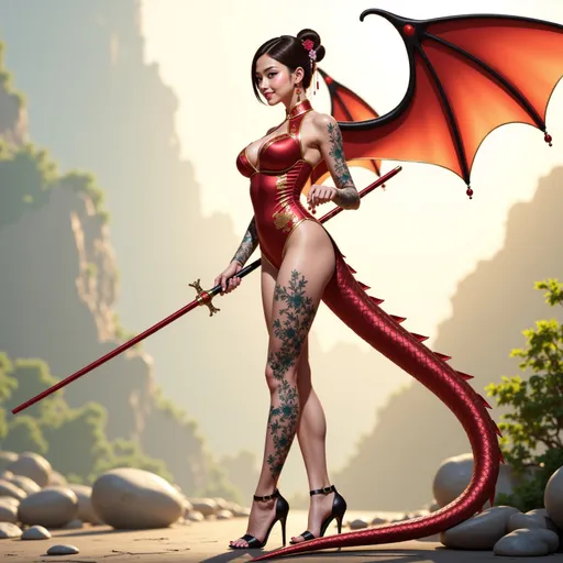 Prompt: @FIcYtNzdCfzM6wX6AvTT Full-body pose of a human hybrid, showcasing subtle Chinese dragon features, wearing a sleek elegant outfit with high heels, adorned in tattoos over her entire body, with striking grand dragon wings, tail, legs and prominent ears distinctly visible. She is holding a long slender glimmering sword in her hand.  The atmosphere is imaginative, highlighting a unique blend of human and animal traits, set against a softly blurred, natural background. The scene is ultra-detailed, emphasizing the originality and elegance of this unique character design.