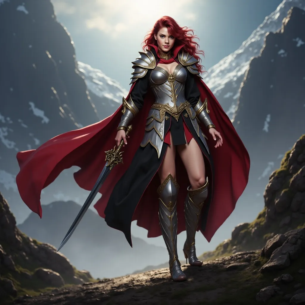 Prompt: Full-body pose, fantasy warrior character art of a powerful woman with dark red hair in a metallic silver and gold armor with flowing red and black cloak, wielding an intricate sword with confidence. Majestic mountains rise in the background, shrouded in mist. Dramatic lighting casts an ethereal glow, enhancing her fierce expression. Captivating details in the dress ripple as if caught in an enchanting breeze. High-quality, epic fantasy concept art, inspired by Anne Stokes, with vivid colors and intricate designs.