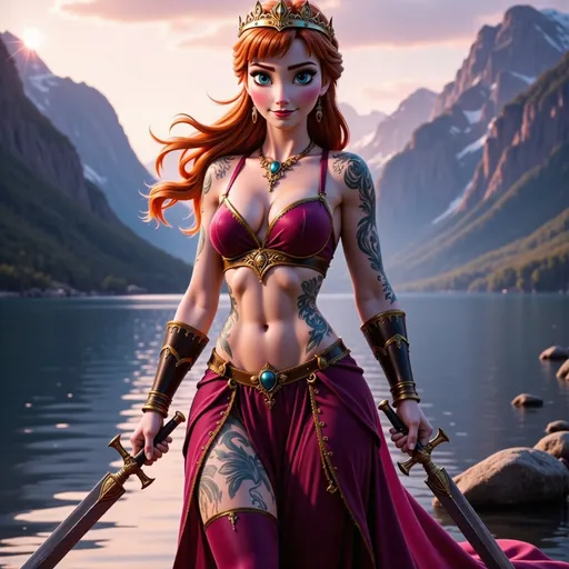 Prompt: Viking Queen cosplay with high heels and elaborate crown, full-body pose of a slender muscular woman, adorned in regal jewelry, intricate Viking tattoos elegantly decorating her body. Her red hair draped down over her shoulders and blowing in the wind.  She is wielding an elaborate dagger in each hand.  The strong female figure exudes confidence and power, set against a fjord backdrop during twilight. The tattoos shimmer subtlety, incorporating details like knots and spirals, highlighting a fierce yet elegant aura. High definition, ultra-detailed presentation with striking contrasts.