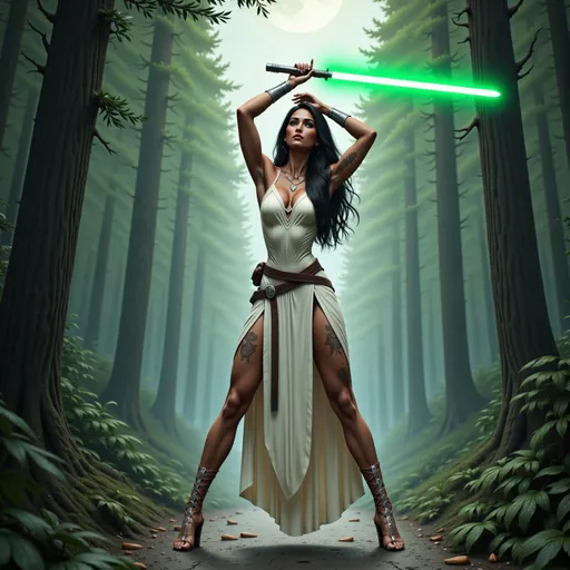 Prompt: Young slender female Jedi with dark hair, photorealistic full-body image, wearing regal jewelry, white armor and laced up sandals, intricate Celtic tattoos elegantly decorating her entire  body, training with her lightsaber while using the Force, holding the lightsaber raised up in front of her defensively in a crouching stance, in a lush forest with an ancient Jedi temple in background, mystical ambiance, soft beams of moonlight filtering through the trees, serene yet intense atmosphere, glowing green colored lightsaber, cinematic depth, high quality, 4K, ultra-detailed, immersive fantasy environment, rich textures.