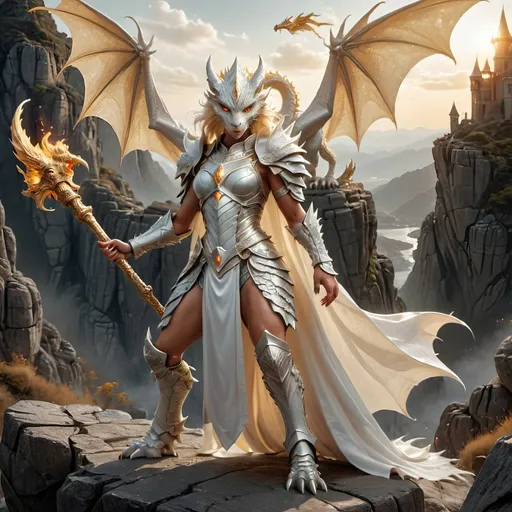 Prompt: Full-body pose, fierce female warrior in intricately detailed white armor with cape, intense expression, elegant stance, holding a shiny silver metallic wizard staff, majestic golden dragon standing on a cliff with valley and castle ruins background, dynamic flight motion with wings spread out wide, detailed scales catching sunlight, mouth open with fire breath , dramatic shadows and highlights, epic fantasy atmosphere, high contrast colors, ultra-detailed, 4K quality, elements of adventure and bravery, vivid blue sky backdrop with hints of dusk.