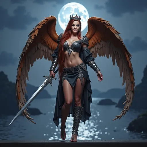Prompt: French Angel wearing a glorious shimmering crown, gorgeous slender muscular woman, full chest size, long dark red hair in a ponytail, imposing muscular legs, majestic Angel wings unfurled, wearing ornate silver and black armor with dark orange decorations, featuring striking stiletto high heel boots, wielding a legendary bejeweled sword, focused expression, dramatic holy theme, standing on a ledge with full moon over a lake in the background, ethereal atmosphere, high detail, 4K, ultra-detailed.