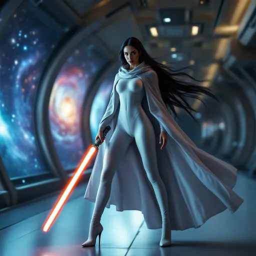 Prompt: Full-body pose of a woman with long black hair, photorealistic, dressed in a sleek white bodysuit and heels with a sheer flowing cloak and hood, wielding a lightsaber, standing in a defensive stance confidently in a sleek spaceship hallway, large panoramic window behind showcasing a vibrant distant galaxy with twinkling stars and swirls of color, dramatic lighting enhances her strong presence, ultra-detailed, cinematic ambiance.