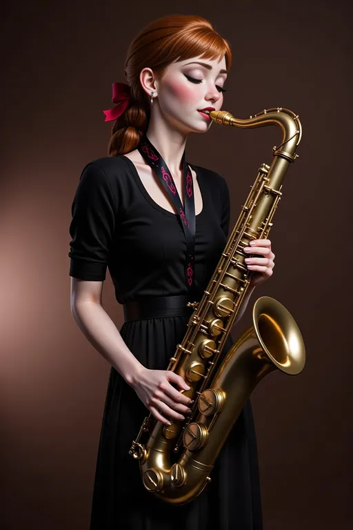 Prompt: Woman with red hair, dressed in a flowing black dress, playing a saxophone gracefully, adorned with a striking red ribbon around her neck. The background is a warm, rich brown, enhancing her vibrant features. The image captures a moment of musical passion and elegance, encapsulating the spirit of Arabella Rankin's work in private press portrait photography. Ultra-detailed, high-quality character portrait.