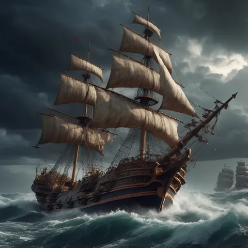 Prompt: Large Spanish galleon, majestic sailing vessel with intricate sails and carved figurehead, navigating rough seas, dramatic crashing waves, fierce storm atmosphere, striking lightning illuminating dark, swirling clouds, powerful winds creating chaos, a sense of adventure and danger, high detail, ultra-detailed, cinematic style, vibrant contrasts, 4K resolution.