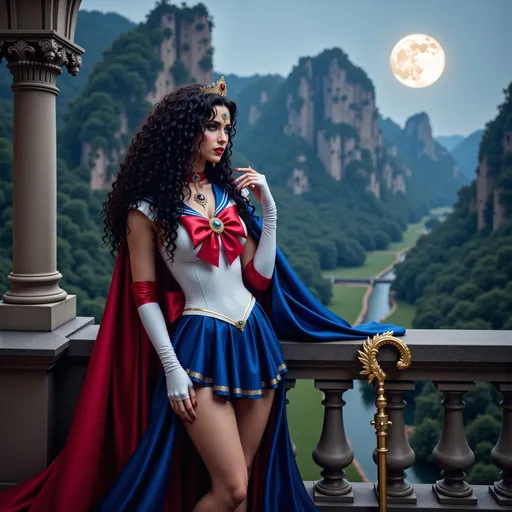 Prompt: A realistic fantasy female vampire @0AbzNDsCV8ABqDjjvD4X wearing a vibrant Sailor Moon costume, her long dark curly hair falls over her shoulders, wearing a tiara, stands confidently on a stone balcony. She holds a gilded cane, its intricate design glinting in the moonlight. The scene is set against a breathtaking valley, where ancient castle ruins rise majestically amidst the lush landscape. A full moon casts a silvery glow, illuminating the details of her costume and the weathered stones of the castle. The atmosphere is serene yet charged with a mystical energy, as soft winds rustle the fabric of her costume, creating a sense of movement. The angle captures her poised stance, with the expansive valley and ruins framed beautifully in the background, enhancing the enchanting scene.