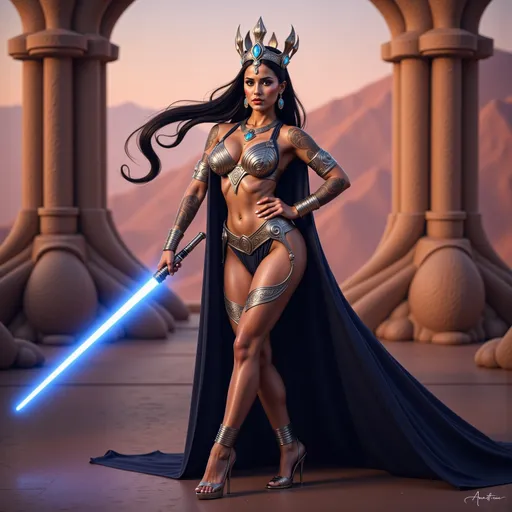 Prompt: Galactic Queen cosplay with high heels and elaborate crown, full-body pose of a slender muscular woman, adorned in regal jewelry, intricate tattoos elegantly decorating her body. Her long black hair blowing in the wind.  She is holding a light saber.  The strong female figure exudes confidence and power, set against an alien palatial compound backdrop during twilight  The tattoos shimmer subtlety, incorporating details like knots and spirals, highlighting a fierce yet elegant aura. High definition, ultra-detailed presentation with striking contrasts.