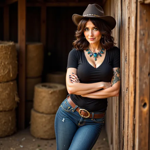 Prompt: A captivating woman, full-body pose, wearing a stunning jeweled necklace. Her dark hair draped over her shoulders.  She's wearing a cowboy hat on her head.  Celtic tattoos adorn her body.  She is wearing tight blue jeans with a black t-shirt and cowboy boots.  Her arms are folded, leaning slightly away from the viewer with a serious expression, creating an aura of mystery and allure. The background is an old barn with hay bails stacked nearby. High detail, and rich gold and black tones create an enigmatic atmosphere that's both eye-catching and elegant.