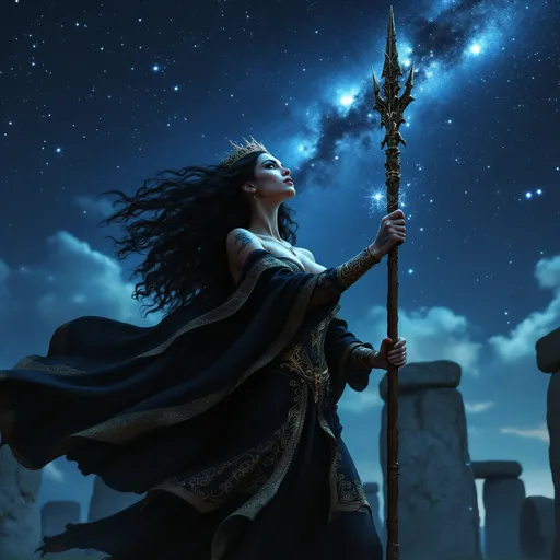 Prompt: full-body image, slender athletic female druid, wearing intricately detailed black and gold robes billowing in the wind, holding a tall wizard's wooden staff, a light glow emanating from the staff, extremely long curly black hair flowing down to the ground, elegant crown on her head, brilliant green eyes, her body adorned in magnificent runic tattoos, poised stance exuding strength, dynamic pose standing in the center of Stonehenge at night under the Milky Way galaxy, she is preparing to cast a spell, holding the staff up to the sky, looking up, dramatic shadows, mystical background, ethereal ambiance, cool color tones, high definition, ultra-detailed, captivating and heroic atmosphere.