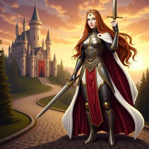 Prompt: @l2wyhKYugxnxYDoFvEPt A full-body illustration of a warrior queen, extremely long straight red hair with a shining crown resting atop her head, dressed in regal armor that gleams with a shiny silver and golden finish adorned with intricate red and black decorations. She wears a long flowing white fur cloak that billows slightly in the wind, adding a sense of majesty to her presence. In her right hand, she confidently wields a slender sword, its blade reflecting the light. She stands in confident stance holding the sword up high in a triumphant gesture. The scene is set on a cobblestone road, with weathered stones beneath her feet, leading up to a grand castle in the background, its towering spires silhouetted against a vibrant sunset. The warm glow of the setting sun casts dramatic shadows, enhancing the queen's powerful stance and the details of her armor.