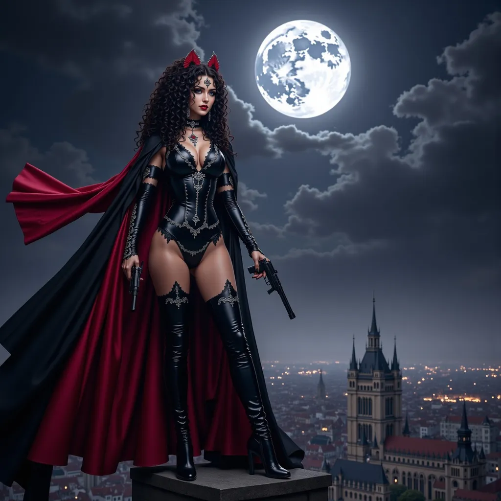 Prompt: @0AbzNDsCV8ABqDjjvD4X A striking illustration of a female vampire in a dramatic Dracula costume with black and silver cloak and tall metallic boots, standing confidently atop a gothic building. Her long, dark curly hair cascades over her shoulders and down to her lower back, catching the moonlight.  Tattoos adorn her body.  A black and silver pistol in one hand.  The full moon looms large in the night sky, casting a silvery glow over the sprawling cityscape below, where shadows dance among the rooftops. The vampire's piercing gaze surveys the city, her cape billowing slightly in the night breeze, adding to the sense of power and mystery. The scene is illuminated by the moon, creating stark contrasts between light and shadow, enhancing the atmospheric tension of this captivating moment.