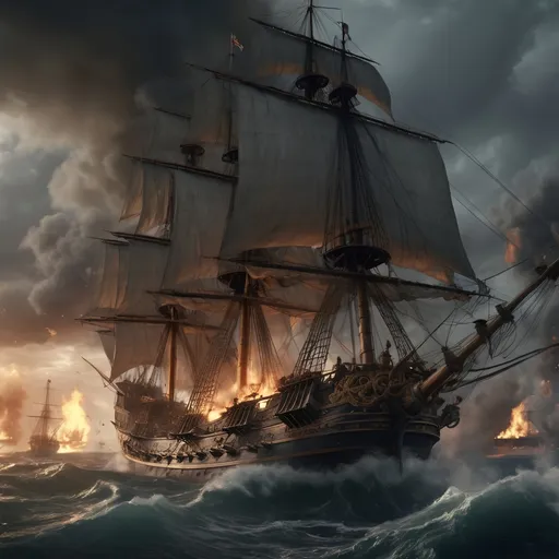 Prompt: Large Spanish galleon, majestic sailing vessel fiercely dueling alongside a British galleon, cannons firing with dramatic explosions, billowing smoke and vibrant flames, an intense naval battle scene. Thrashing waves reflect the energy of the conflict under a dynamic stormy sky, an atmosphere of suspense and action, ultra-detailed, 4K, cinematic quality, with historically inspired ship designs and intricate sail patterns.