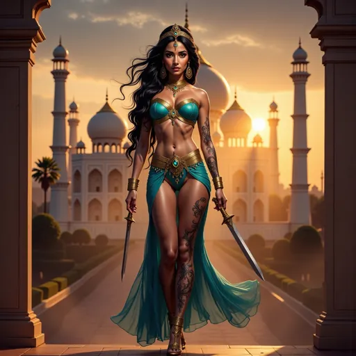 Prompt: Turkish Queen cosplay with high heels and elaborate crown, full-body pose of a slender muscular woman, adorned in jewelry, intricate tattoos elegantly decorating her body. Her black hair blowing in the wind.  She is holding a dagger in each hand.  The strong female figure exudes confidence and power, set against the Taj Mahal backdrop during twilight  The tattoos shimmer subtlety, incorporating details like knots and spirals, highlighting a fierce yet elegant aura. High definition, ultra-detailed presentation with striking contrasts.