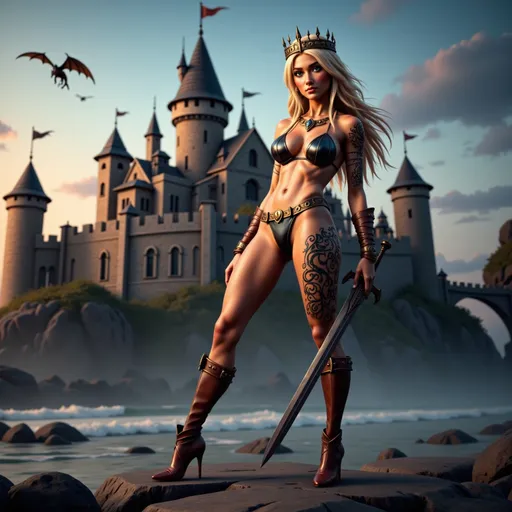 Prompt: Nordic Queen cosplay with high heels and elaborate crown, full-body pose of a slender muscular woman, adorned in regal jewelry, intricate Viking tattoos elegantly decorating her body. Her long dirty blonde hair blowing in the wind.  She is holding an ornate sword.  The strong female figure exudes confidence and power, set against a fairytale castle backdrop during twilight  Dragons are flying in the sky above the castle. The tattoos shimmer subtlety, incorporating details like knots and spirals, highlighting a fierce yet elegant aura. High definition, ultra-detailed presentation with striking contrasts.