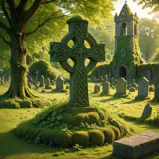 Prompt: Ancient Celtic cross headstone covered in lush moss, standing alone in a serene walled-in field, an evocative Irish tower nearby, enveloped in creeping vines, soft golden sunlight casting gentle shadows, an atmosphere of timeless beauty and solitude, vibrant green hues dominate the landscape. 4K ultra-detailed, showcasing intricate stone carvings, dappled light filtering through leaves, a tranquil and nostalgic ambiance.