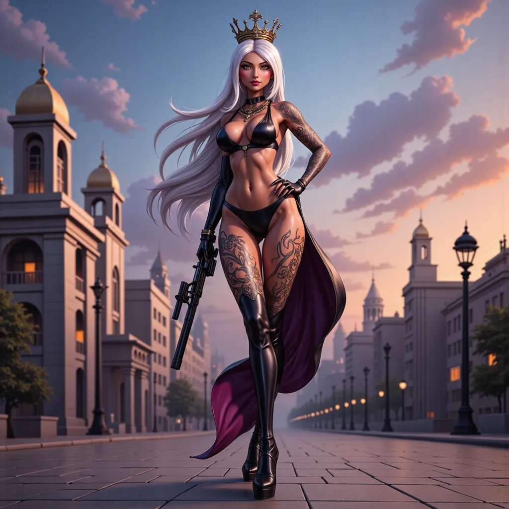 Prompt: Mastermind cosplay with high heels and elaborate crown, full-body pose of a slender muscular woman, adorned in jewelry, intricate tattoos elegantly decorating her body. Her white hair blowing in the wind.  She is aiming a sniper rifle.  The strong female figure exudes confidence and power, set against an futuristic palace backdrop during twilight  The tattoos shimmer subtlety, incorporating details like knots and spirals, highlighting a fierce yet elegant aura. High definition, ultra-detailed presentation with striking contrasts.