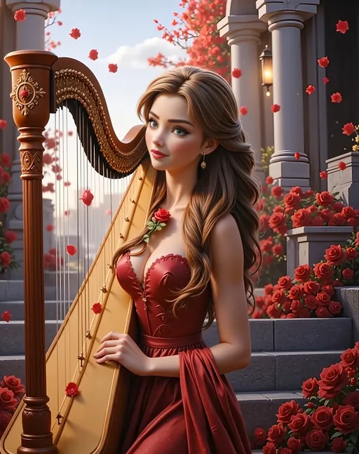 Prompt: Woman in a flowing red dress, holding a harp, standing elegantly in front of a captivating stairway covered in vibrant red roses. Surrounding flora flourishes with red blooms in a fantastical setting. Anne Stokes inspired, intricate detailing in the style of a mesmerizing digital painting, fine art quality, rich colors, ethereal ambiance, enchanting lighting, and ultra-detailed features that evoke a sense of wonder.