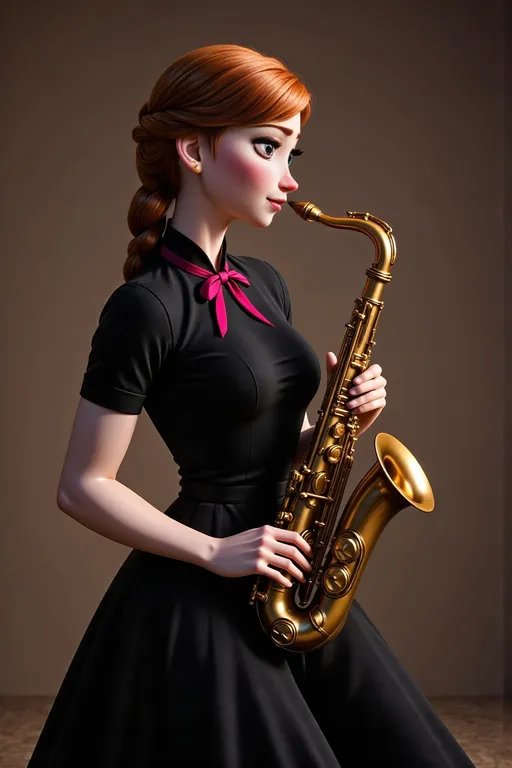 Prompt: Woman with red hair, dressed in a flowing black dress, playing a saxophone gracefully, adorned with a striking red ribbon around her neck. The background is a warm, rich brown, enhancing her vibrant features. The image captures a moment of musical passion and elegance, encapsulating the spirit of Arabella Rankin's work in private press portrait photography. Ultra-detailed, high-quality character portrait.