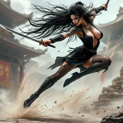 Prompt: full-body pose, striking slender female figure with extremely long  black hair blowing in the breeze, her eyes glowing a soft blue, performing an offensive kung fu move with her body posed leaping mid-air executing an acrobatic strike attacking a ninja clad in a black uniform, adorned in elaborate Japanese tattoos and jewelry, wearing a torn form-fitting t-shirt and skirt with high heels and stockings, dynamic pose wielding an elaborate dagger in each hand, intense focus in expression, her body covered in sweat from the lengthy battle, exhausted expression, artistically blurred background of an ancient temple setting, vibrant colors emphasizing movement and athleticism, photorealistic image, ultra-detailed, high-quality masterpiece.