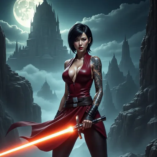 Prompt: Young slender female Jedi with dark hair, photorealistic full-body image, intricate tattoos elegantly decorating her entire body, training with her lightsaber while using the Force, holding the lightsaber raised up in front of her defensively in a fighting stance, on a cliff with an ancient Jedi temple in background, mystical ambiance, soft beams of moonlight filtering through clouds, serene yet intense atmosphere, glowing orange colored lightsaber, cinematic depth, high quality, 4K, ultra-detailed, immersive fantasy environment, rich textures.