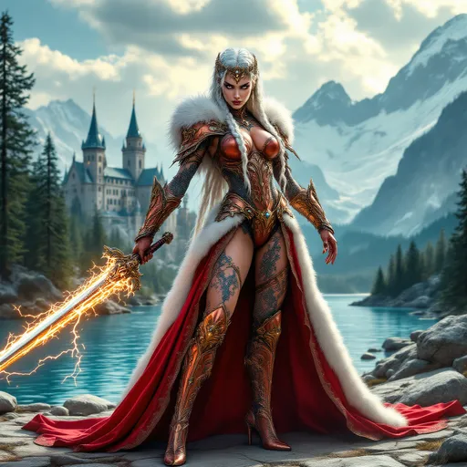 Prompt: A full-body pose, stunning slender woman, with tattoos covering her body, wearing intricately detailed copper and red armor that has electricity flowing through it, with a long flowing white and dark red fur cloak, high heel boots and jeweled crown, long white braided hair, confidently brandishing an ornate silver sword shimmering in the light, aggressive stance, stern expression, dramatic fairytale castle on a beautiful blue lake in the background, majestic mountains surround the lake, vibrant colors, dynamic light highlighting her fierce expression, high detail and sharp contrast, epic atmosphere, ultra-detailed, cinematic masterpiece.