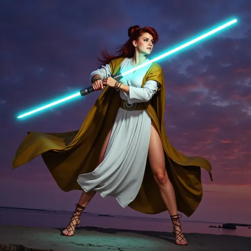 Prompt: Jedi Queen with laced sandals and draped in a gilded cloak, full-body pose of a beautiful slender woman, wearing a white monk outfit and regal jewelry. Her wine-colored hair pulled up into a ponytail.  She is wielding a glowing cyan-colored lightsaber with an eloquent jeweled hilt, both hands on the hilt in an aggressive attack move.  The strong female figure exudes confidence and power, with a stern expression, set on a cliff with a lake at twilight. High definition, ultra-detailed presentation with striking contrasts.