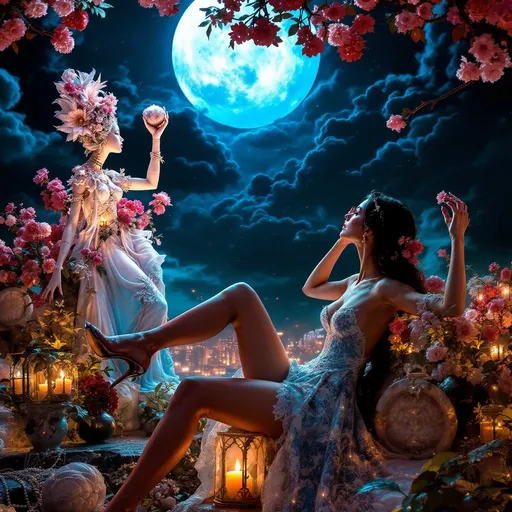 Prompt: woman in a dress posing for a picture, cityscape in the background, illuminated by a radiant full moon, fantasy art style, marble sculpture detailing, atmospheric ambiance with a dreamy glow, intricate features, vivid colors, ultra-detailed, 4K, capturing the enchanting essence of a serene night scene.