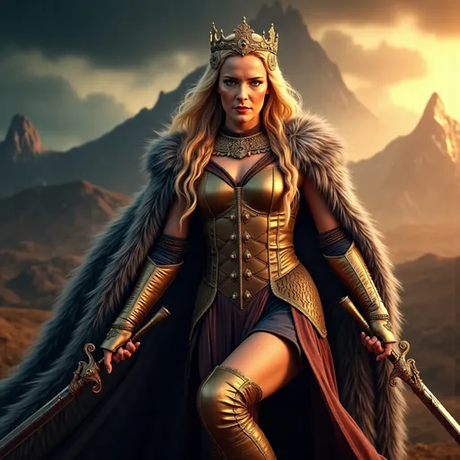 Prompt: A stunning woman in intricately detailed metallic gold and copper armor and boots, a flowing black and white fur cloak, long blonde braided hair with a gleaming ornate crown, confidently brandishing a sword, focused expression, dramatic mountain backdrop, majestic dark clouds swirling ominously, a dragon is in the background, vibrant colors, dynamic light highlighting her fierce expression, high detail and sharp contrast, epic atmosphere, ultra-detailed, cinematic masterpiece.