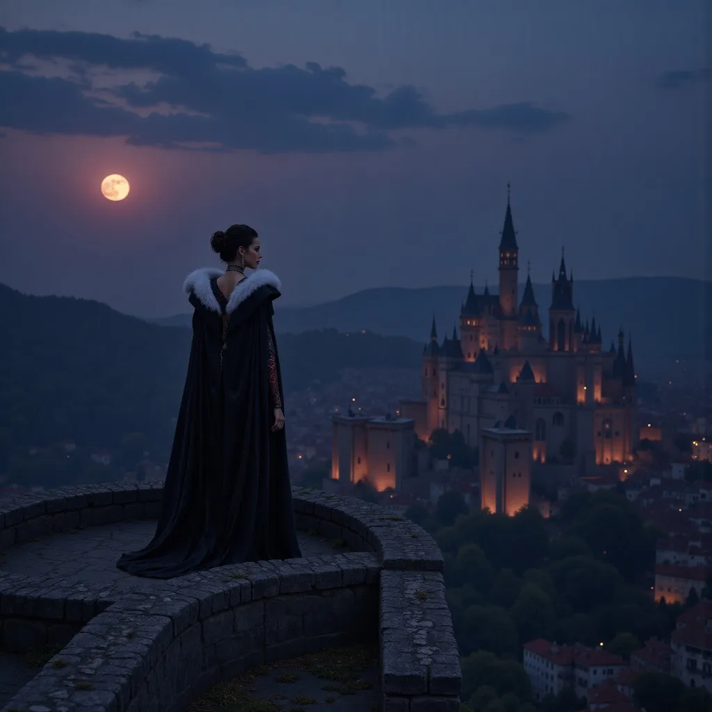 Prompt: A striking image of a female vampire @0AbzNDsCV8ABqDjjvD4X standing atop a medieval stone tower, gazing over an ancient town bathed in twilight. She wears a grand black and white fur-lined cape that billows gently in the cool night breeze, contrasting with her sleek silver and copper bodysuit that shimmers under the fading light. The full moon sets behind the town, casting a silvery glow that highlights the intricate architecture of the buildings below. The sky is painted in deep blues and purples, with wisps of clouds drifting past the moon. The scene captures a sense of calm before the night deepens, with the vampire poised confidently, her cape flowing elegantly around her as she surveys the landscape.