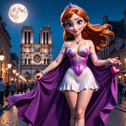 Prompt: Valentine's Day costume with a purple and white miniskirt and high heels, full-body pose of a woman adorned in jewelry and tiara.  Her fingernails are painted red and lavish bracelets adorn her wrists. Her flowing red hair blowing freely in the wind.  She is holding a small purse in one hand.  She is standing in front of the Notre Dame cathedral in Paris, France.  Set against a crowded street backdrop during night with a full moon in the sky.  High definition, ultra-detailed presentation with striking contrasts.