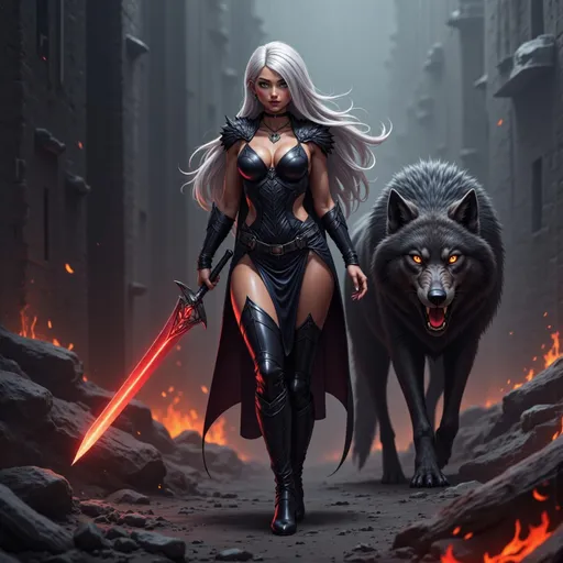 Prompt: A fierce warrior strides confidently through a smoky, battle-scarred landscape, flanked by a massive, menacing wolf with glowing eyes. The woman, adorned in intricate dark armor that highlights her muscular physique, wields a striking sword that glows ominously red, reflecting the flames of the ruins behind her. Her long, silver hair flows wildly in the wind, complementing her piercing gaze that suggests both power and determination. The scene combines elements of fantasy and horror, evoking a sense of impending battle and showcasing a dramatic contrast between the dark shades of the surrounding destruction and the ethereal glow of her sword and the animals’ eyes. The aggressive demeanor of both the warrior and the wolf conveys a story of loyalty and ferocity, setting a captivating, high-stakes atmosphere.