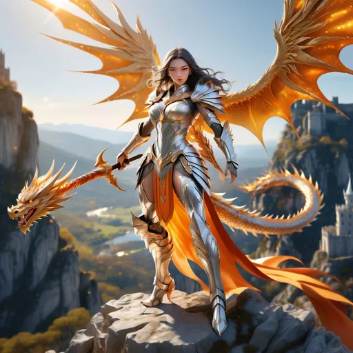 Prompt: Full-body pose, fierce female warrior in intricately detailed silver armor with cape, intense expression, elegant stance, holding a shiny silver metallic wizard staff, majestic golden dragon standing on a cliff with valley and castle ruins background, dynamic flight motion with gilded wings spread out wide, detailed white and tangerine colored scales catching sunlight, mouth open shooting fire breath forward, preparing to take off in majestic flight, dramatic shadows and highlights, epic fantasy atmosphere, high contrast colors, ultra-detailed, 4K quality, elements of adventure and bravery, vivid blue sky backdrop with hints of dusk.