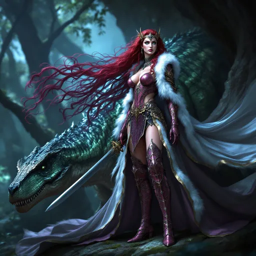Prompt: full-body image, slender athletic female warrior, wearing intricately detailed dark pink and black metallic chainmail armor with boots, majestic white and gold fur lined cloak billowing in the wind, holding a samurai sword, extremely long curly red hair flowing down to the ground, elegant crown on her head, brilliant green eyes, her body adorned in magnificent tattoos, poised stance exuding strength, dynamic pose standing next to a green and black velociraptor dinosaur with its shimmering scales, detailed armor textures reflecting light, dramatic shadows, mystical forest background, ethereal ambiance, cool color tones, high definition, ultra-detailed, captivating and heroic atmosphere.