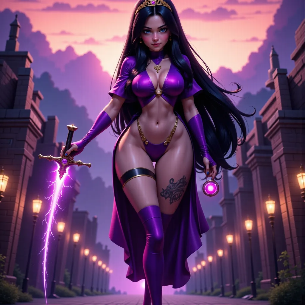 Prompt: Galactic Hero cosplay with high heels and elaborate crown, full-body pose of a slender muscular woman, adorned in odd jewelry, intricate tattoos elegantly decorating her body. Her long black hair blowing in the wind.  She is holding a glowing sword and a ball of lightning.  The strong female figure exudes confidence and power, set against an alien palatial compound backdrop during twilight  The tattoos shimmer subtlety, incorporating details like knots and spirals, highlighting a fierce yet elegant aura. High definition, ultra-detailed presentation with striking contrasts.