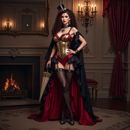 Prompt: @0AbzNDsCV8ABqDjjvD4X A full-body illustration of a steampunk-style mistress, standing confidently in a vintage Victorian-era setting. She wears an intricately designed gold and red corset adorned with brass gears and leather accents, complemented by a flowing skirt with layered ruffles and high heels and stockings. Her long hair is styled in elegant curls, topped with a small top hat embellished with goggles. The background features ornate wallpaper and paneling of a grand ballroom, a grand fireplace with flickering flames, and a richly decorated chandelier casting warm light. The mistress holds a delicate parasol in one hand, while the other rests on her hip, exuding an air of authority. The scene is filled with soft shadows and highlights, creating a captivating atmosphere of elegance and intrigue.