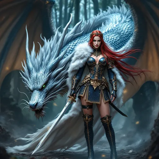 Prompt: full-body image, slender athletic female warrior, wearing intricately detailed dark blue and copper metallic chainmail armor with boots, majestic white and gold fur lined cloak billowing in the wind, holding a samurai sword, long straight red hair flowing, elegant crown on her head, brilliant green eyes, her body adorned in magnificent tattoos, poised stance exuding strength, dynamic pose standing next to a silver dragon with its shimmering scales and giant wings unfurled, detailed armor textures reflecting light, dramatic shadows, mystical forest background, ethereal ambiance, cool color tones, high definition, ultra-detailed, captivating and heroic atmosphere.
