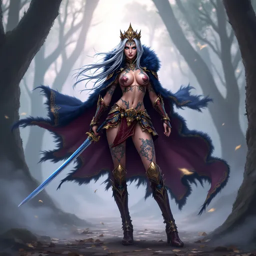 Prompt: full-body image, slender athletic female warrior, wearing intricately detailed maroon and copper metallic armor with boots, majestic dark blue and gold fur lined cloak billowing in the wind, holding a samurai sword, long straight silver hair flowing, elegant crown on her head, brilliant blue eyes, her bare body adorned in magnificent tattoos, poised stance exuding strength, dynamic pose, detailed armor textures reflecting light, dramatic shadows, mystical forest background, ethereal ambiance, cool color tones, high definition, ultra-detailed, captivating and heroic atmosphere.
