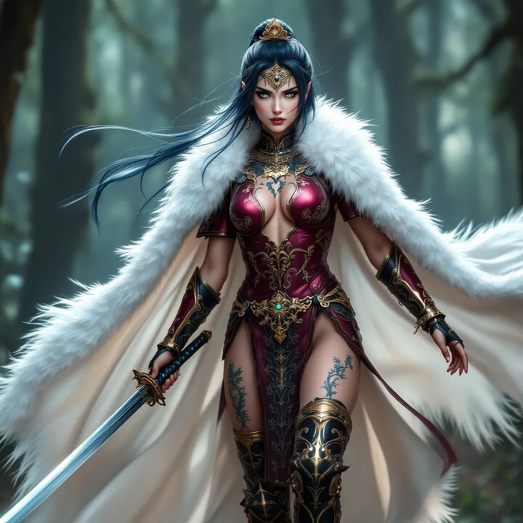 Prompt: full-body image, slender athletic female warrior, wearing intricate maroon and black and copper metallic armor with boots, majestic white and gold fur lined cloak billowing in the wind, holding a samurai sword, Japanese features, long straight blackish blue hair flowing, elegant crown on her head, green eyes, her bare body adorned in magnificent tattoos, poised stance exuding strength, dynamic pose, detailed armor textures reflecting light, dramatic shadows, mystical forest background, ethereal ambiance, cool color tones, high definition, ultra-detailed, captivating and heroic atmosphere.