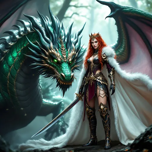 Prompt: full-body image, slender athletic female warrior, wearing intricately detailed dark pink and black metallic chainmail armor with boots, majestic white and gold fur lined cloak billowing in the wind, holding a samurai sword, extremely long curly red hair flowing down to the ground, elegant crown on her head, brilliant green eyes, her body adorned in magnificent tattoos, poised stance exuding strength, dynamic pose standing next to a green and black dragon with its shimmering scales and giant wings unfurled, detailed armor textures reflecting light, dramatic shadows, mystical forest background, ethereal ambiance, cool color tones, high definition, ultra-detailed, captivating and heroic atmosphere.