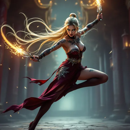 Prompt: full-body pose, striking slender female figure with extremely long glowing golden hair blowing in the breeze, her eyes glowing a soft green, performing an offensive Ninja move with her body mid-air executing a strike, adorned in elaborate Japanese tattoos and jewelry, wearing a torn form-fitting dark red and silver evening gown with high heels and stockings, dynamic pose wielding an elaborate dagger in each hand, intense focus in expression, her body covered in sweat from using her magical powers, exhausted expression, artistically blurred background of an ancient temple setting, vibrant colors emphasizing movement and athleticism, photorealistic image, ultra-detailed, high-quality masterpiece.