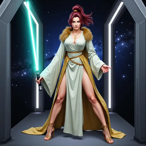 Prompt: Jedi Queen with laced sandals and draped in a gilded cloak, full-body pose of a beautiful slender woman, wearing a white monk outfit and regal jewelry. Her wine-colored hair pulled up into a ponytail.  She is wielding a glowing cyan-colored lightsaber in her hand in a defensive move.  The strong female figure exudes confidence and power, with a stern expression, set aboard a starship backdrop with large window and a galaxy visible in the window. High definition, ultra-detailed presentation with striking contrasts.