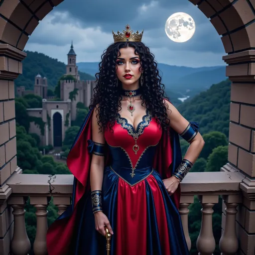 Prompt: A realistic fantasy female vampire @0AbzNDsCV8ABqDjjvD4X wearing a vibrant Sailor Moon costume, her long dark curly hair falls over her shoulders, wearing a tiara, stands confidently on a stone balcony. She holds a gilded cane, its intricate design glinting in the moonlight. The scene is set against a breathtaking valley, where ancient castle ruins rise majestically amidst the lush landscape. A full moon casts a silvery glow, illuminating the details of her costume and the weathered stones of the castle. The atmosphere is serene yet charged with a mystical energy, as soft winds rustle the fabric of her costume, creating a sense of movement. The angle captures her poised stance, with the expansive valley and ruins framed beautifully in the background, enhancing the enchanting scene.