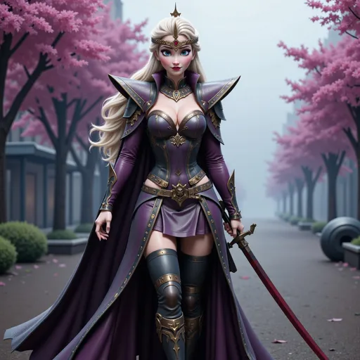 Prompt: Full-body pose, Elsa the Samurai Queen wearing her brilliant golden crown, in weathered dark purple and black armor with high boots dented and dirty and bloodied, holding her sword up toward the sky while standing confidently with a victorious expression, her dirty blonde hair flowing loosely in the wind, intricate engravings on the blade, dramatic low-angle perspective, vibrant Cherry Blossom trees swaying gently in the background, somber atmosphere with heavy fog blurring out the background, muted colors with strong contrasts, high depth detail, cinematic lighting, ultra-detailed, emotionally charged scene capturing the aftermath of conflict.