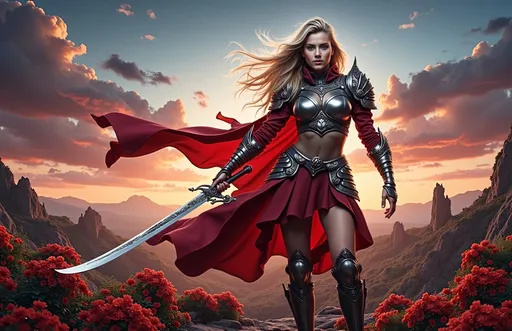 Prompt: Woman in fantasy setting, clad in ornate armor, wielding a gleaming sword, vibrant red sky casting a surreal glow, intricate detailing and textures depicting strength and bravery, dynamic pose showcasing her confidence, Fan Qi style, vivid colors blending seamlessly, blending fantasy and cyberpunk aesthetics, lush foreground elements suggesting an otherworldly adventure, ultra-detailed, cinematic atmosphere, dramatic light illuminating the scene.