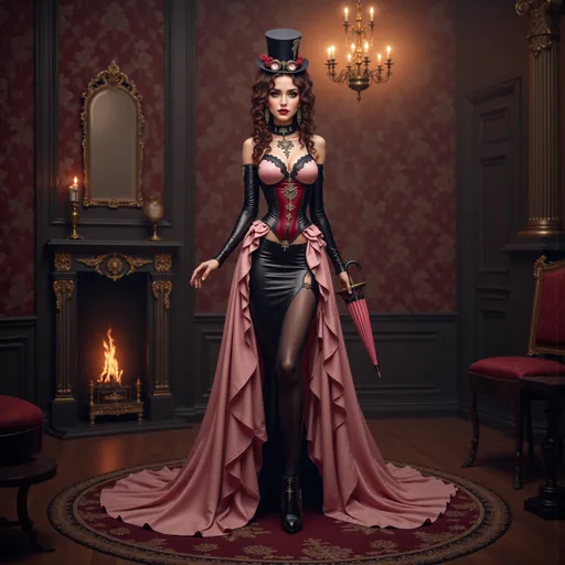 Prompt: @0AbzNDsCV8ABqDjjvD4X A full-body illustration of a steampunk-style mistress, standing confidently in a vintage Victorian-era setting. She wears an intricately designed pastel corset adorned with brass gears and leather accents, complemented by a flowing skirt with layered ruffles. Her long hair is styled in elegant curls, topped with a small top hat embellished with goggles. The background features ornate wallpaper, a grand fireplace with flickering flames, and a richly decorated chandelier casting warm light. The mistress holds a delicate parasol in one hand, while the other rests on her hip, exuding an air of authority. The scene is filled with soft shadows and highlights, creating a captivating atmosphere of elegance and intrigue.