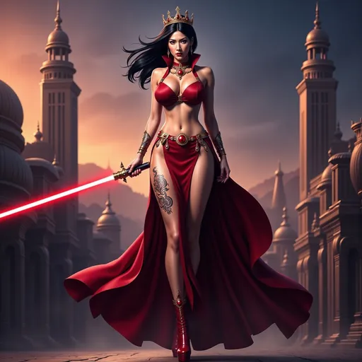 Prompt: Galactic Queen cosplay with high heels and elaborate crown, full-body pose of a slender muscular woman, adorned in regal jewelry, intricate tattoos elegantly decorating her body. Her black hair blowing in the wind.  She is holding a light saber.  The strong female figure exudes confidence and power, set against an alien palatial compound backdrop during twilight  The tattoos shimmer subtlety, incorporating details like knots and spirals, highlighting a fierce yet elegant aura. High definition, ultra-detailed presentation with striking contrasts.